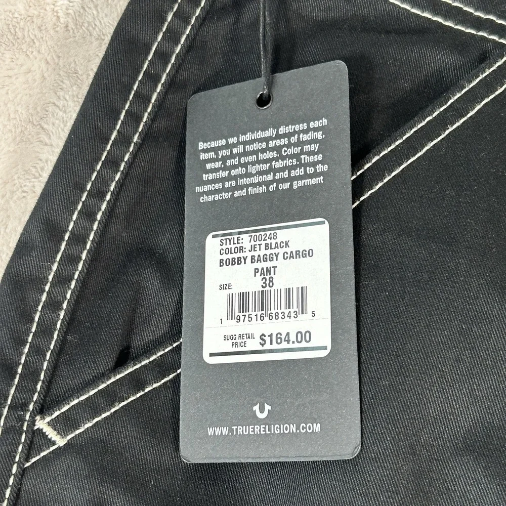 True Religion Bobby Baggy Cargo Pants Mens 38x32 Black Contrast Stitch Y2K VTG